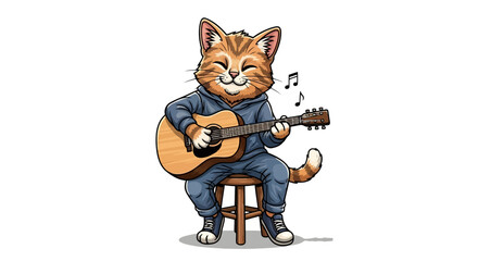 Cute cartoon cat playing acoustic guitar while sitting on stool, charming feline guitarist performing song, animal musician with instrument on white background