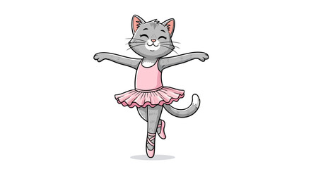 Cute cartoon gray cat dressed as ballerina performing dance, graceful feline dancer in tutu and pointe shoes on white background, elegant animal ballerina