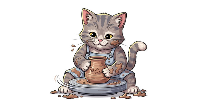 Cute tabby cat potter making a clay pot on a pottery wheel, pet artisan wearing overalls working with wet clay and mud splatters