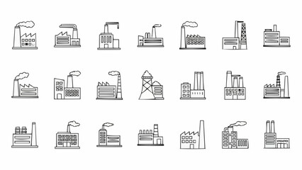 Fototapeta premium Collection of Industrial Factory Buildings and Structures Line Art Icons.