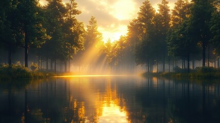 Misty golden sunrise over a forest lake with sunbeams, calm water and peaceful reflections