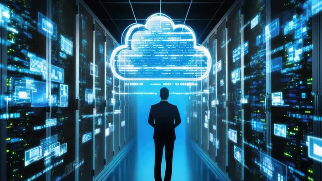 Futuristic cloud data center network and cyber security server rack technology scene with