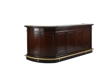 Large, curved luxury bar counter, dark mahogany, high-gloss lacquer, classical paneling, polished brass foot rail, isolated on transparent studio. Concept of bespoke luxury hospitality furniture