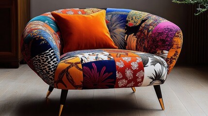 Vibrant patchwork rounded accent chair with orange velvet cushion on wooden floor in a cozy eclectic living room setting