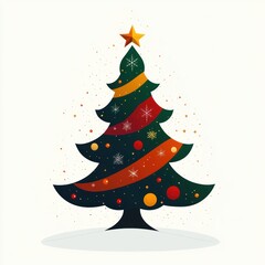 Festive stylized Christmas tree with star topper, colorful ribbons, ornaments and snowflakes, joyful holiday spirit