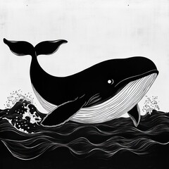 black and white whale surfacing through stylized ocean waves with splashes, graceful and serene