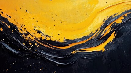bold sweeping yellow and black abstract paint wave with thick textured brushstrokes and energetic splatters conveying dynamic motion and dramatic contrast