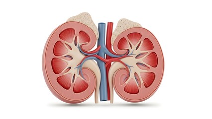 Cross section detailed diagram of healthy human kidneys showing renal cortex medulla and blood vessels