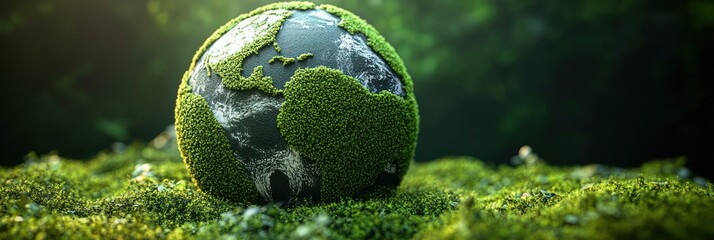 Moss-covered Earth globe resting on a bed of lush green moss with soft sunlight and blurred forest background, conveying calm, renewal and hope for nature
