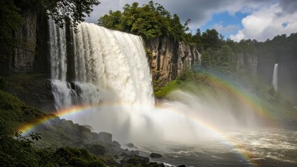 Fototapeta premium Majestic waterfall cascading down rocky cliffs creating a vibrant rainbow of colors