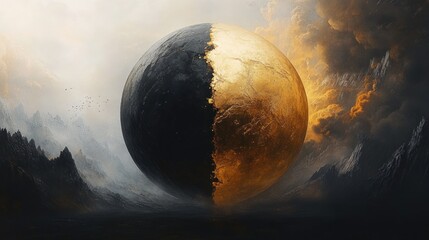 giant cracked sphere split black and gold hovering above misty jagged mountains under dramatic storm clouds, evoking awe and ominous mystery