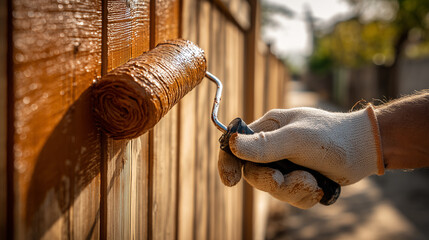 Close-up of a hand painting a wooden fence brown, capturing DIY home improvement, craftsmanship, and careful brushwork in an outdoor setting.