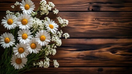 White daisies and delicate baby breath bouquet on rustic wooden planks evoking calm warm peaceful charm