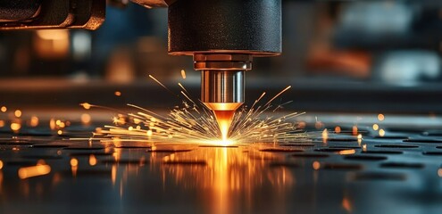 Close-up of a laser cutting head slicing sheet metal with bright sparks and molten metal, precise dynamic industrial energy