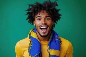 studio portrait of a person with textured afro hair wearing a blue and yellow scarf and mustard sweater against a green backdrop, calm confident mood