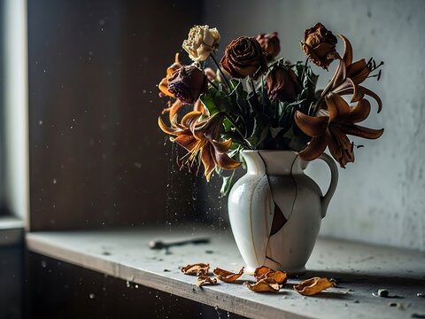 Wilted Flowers in White Vase on Dusty Window Sill