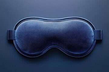 soft blue velvet sleep mask with elastic strap on smooth dark blue background, calming and restful mood
