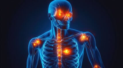 glowing blue x-ray style human upper skeleton with ribcage, spine and skull showing bright orange hotspots at shoulders, chest and neck expressing pain and inflammation