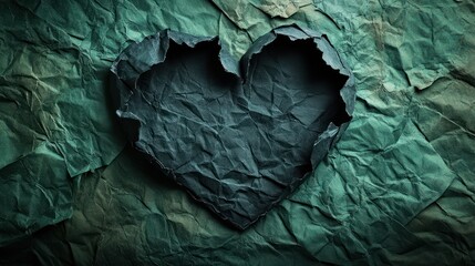 Crumpled black heart on teal paper background