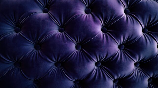 Close-up of luxurious deep purple velvet tufted upholstery with button details, soft plush texture evoking elegant, cozy comfort