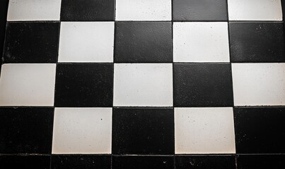 black and white checkerboard tile pattern with worn scuffs and gritty texture, evoking a stark orderly minimalist mood