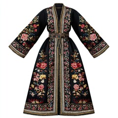A beautiful black floral embroidered dress with a belt and long sleeves on a white background