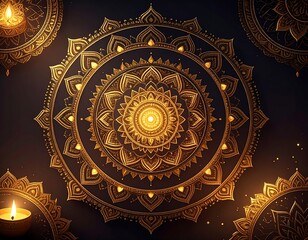Ornate gold mandala design on dark background, lit by warm light