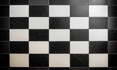 worn black and white checkerboard tiles with scuffs and subtle veining, minimalist geometric floor pattern evoking a vintage, orderly, moody atmosphere