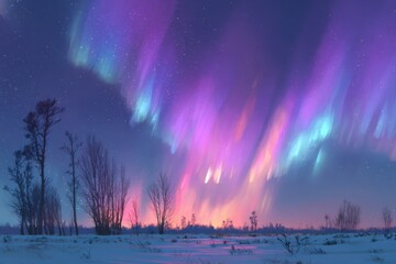 Naklejka premium Aurora borealis in night sky over snowy landscape with trees