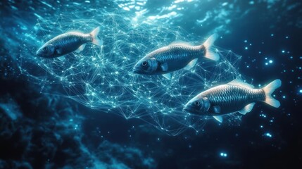 Three silver fish connected by a glowing digital mesh beneath deep blue water, serene and mysterious