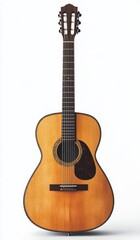 Obraz premium full-size acoustic guitar with natural wood finish, ornate rosette, dark tortoiseshell pickguard, six strings and slotted headstock on a clean white background, warm nostalgic mood