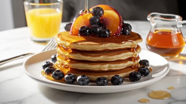 Delicious stack of fluffy pancakes topped with fresh blueberries and sliced peaches, drizzled with syrup, served with a glass of orange juice on a white plate