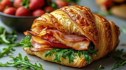 Golden flaky croissant sandwich with grilled ham, melted cheese and fresh arugula, close up with a bowl of ripe strawberries in the background, appetizing and fresh