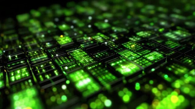 Glowing green circuit grid data panel technology electronic blocks forming abstract tile grid with