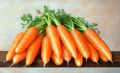 bunch of fresh orange carrots with green tops arranged on a wooden plank, bright vibrant wholesome still life