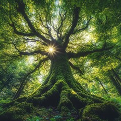 moss-covered ancient tree with sprawling roots and twisting branches, sunburst piercing a lush green canopy in a serene forest evoking awe and wonder