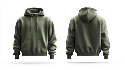 front and back olive green hooded sweatshirt with drawstrings and kangaroo pocket on clean white background conveying a cozy casual minimalist mood
