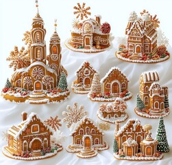 whimsical festive gingerbread village of intricately iced houses, snowflake cookies, candy accents and miniature frosted trees arranged on white fabric, evoking cozy holiday cheer