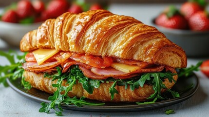 Golden flaky croissant sandwich with sliced smoked ham, melted cheese and peppery arugula on a plate, bowls of fresh strawberries in soft background, mouthwatering breakfast scene