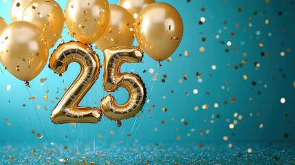 gold foil number 25 balloons with round gold balloons and falling gold confetti against a teal background, festive joyful celebration scene