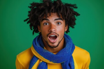 studio portrait of a person with afro hair wearing a bright yellow top and blue and yellow knitted scarf against a green background, vibrant confident mood
