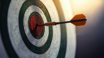 Close-up of a dart lodged in the red bullseye of a concentric target board with warm light conveying precision, focus and achievement