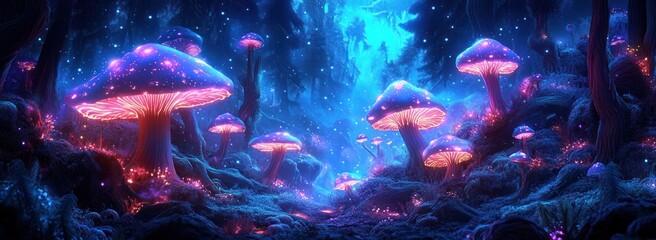 bioluminescent mushroom forest at night with glowing oversized fungi, mossy undergrowth, twinkling particles and ancient trees evoking wonder and serene enchantment