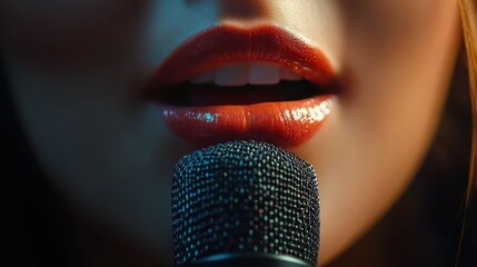 Close-up of glossy red lips and slightly parted teeth near a microphone, intimate sensual singing moment with dramatic lighting