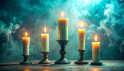 Five candles at varying heights glow warmly in mysterious smoky atmosphere, surrounded by cool cyan haze, creating tranquil and enchanting mood on rustic surface