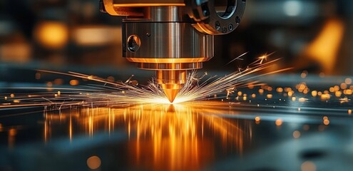 close-up of a laser cutting head slicing a reflective metal sheet with bright sparks and warm orange glow, conveying focused intensity and industrial precision
