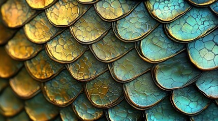 close-up of iridescent overlapping teal and gold scales with cracked textured surfaces, shimmering layered pattern evoking wonder and mystery