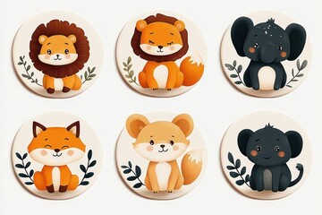 six round wooden plaques featuring cute cartoon baby animals, lions, foxes and elephants with decorative leaves, playful and cheerful nursery wall art