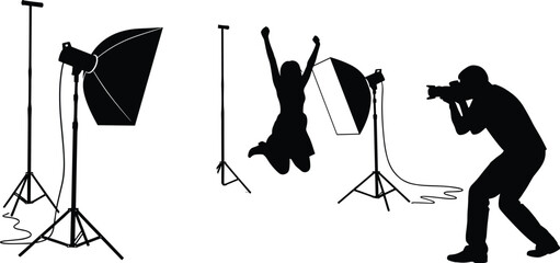 Photography studio silhouette scene, photographer shooting jumping model, professional lighting equipment, black vector illustration, creative photoshoot, fashion, action concept © Empowerment angle 