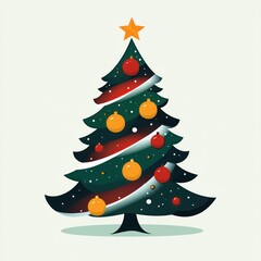 Festive decorated evergreen tree with golden star topper, red and gold baubles, white ribbon garland and falling snowflakes, cheerful holiday illustration